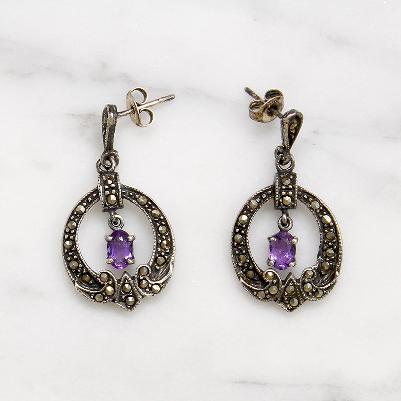 Deco Style Sterling Earrings with Amethyst& Marcasite