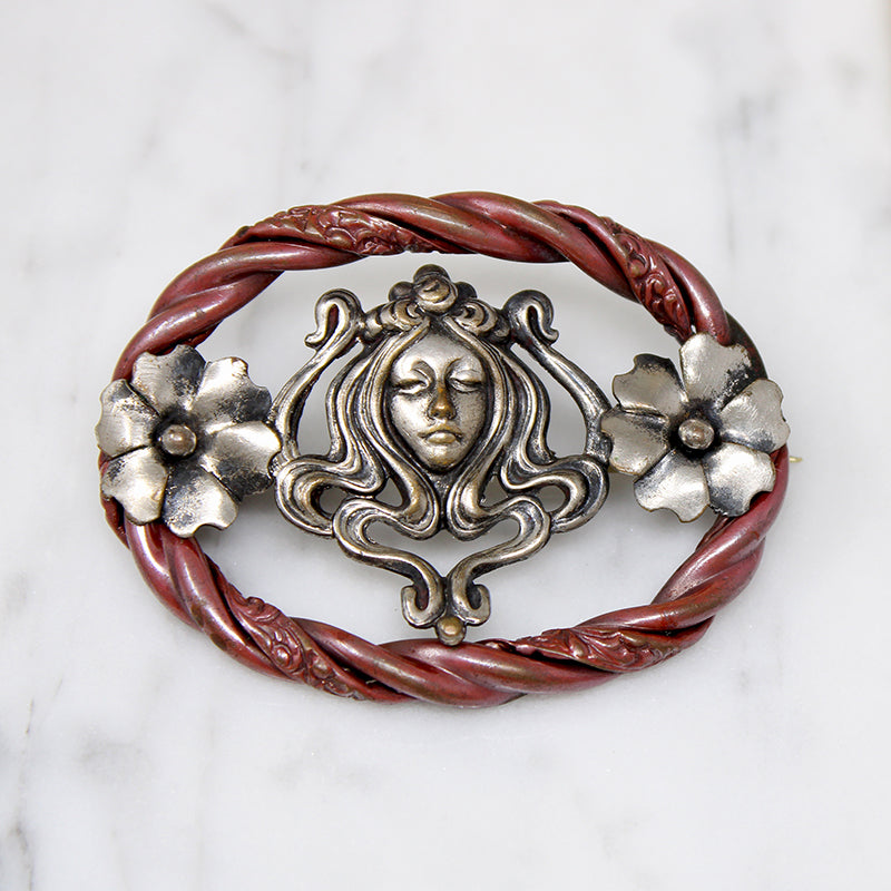 Sleeping Beauty Art Nouveau Silver-Plate Brooch