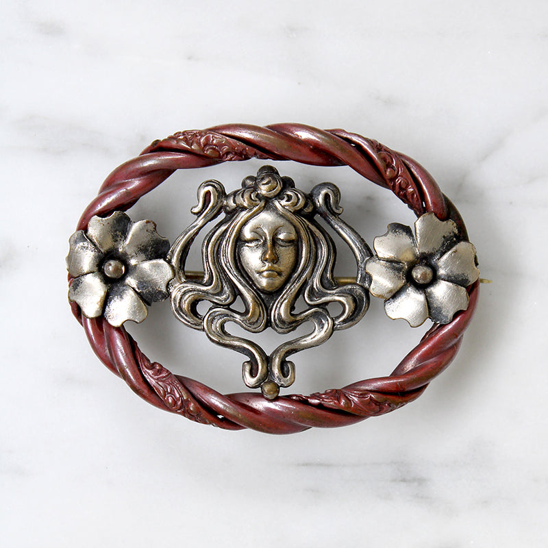 Sleeping Beauty Art Nouveau Silver-Plate Brooch