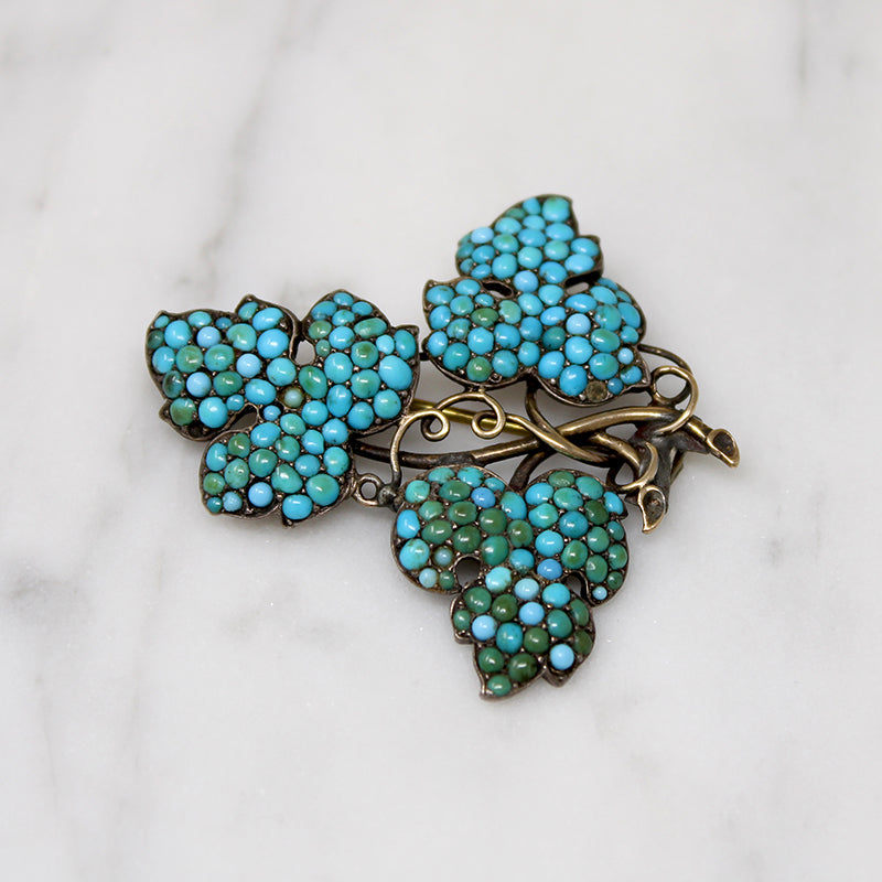 Pavé Persian Turquoise Grape Leaf Brooch