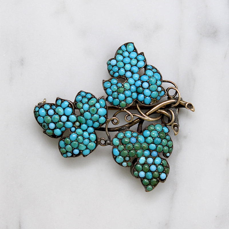 Pavé Persian Turquoise Grape Leaf Brooch