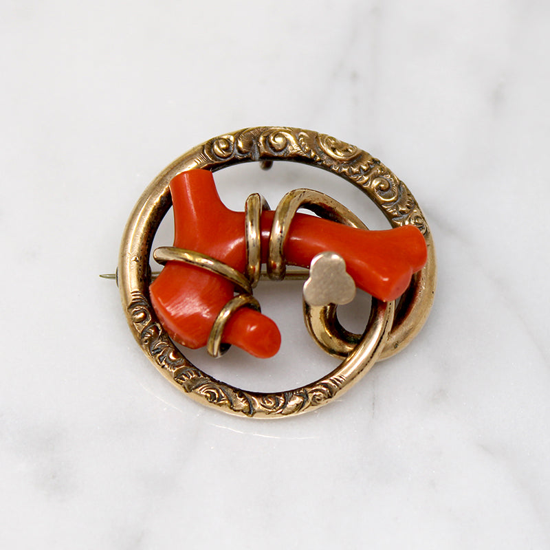 Antique Branch Coral & Gold Filled Circle Brooch