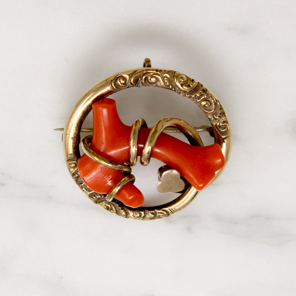 Antique Branch Coral & Gold Filled Circle Brooch