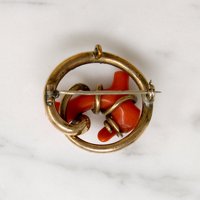 Antique Branch Coral & Gold Filled Circle Brooch