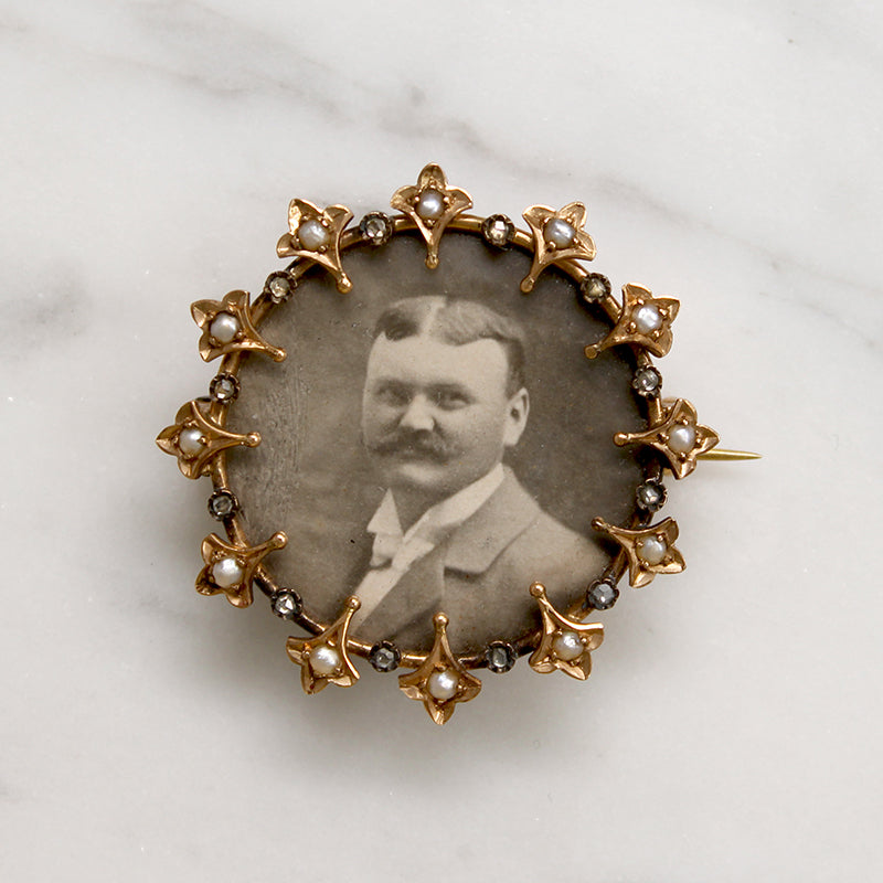 European Diamond & Pearl Brooch with Dapper Gentleman