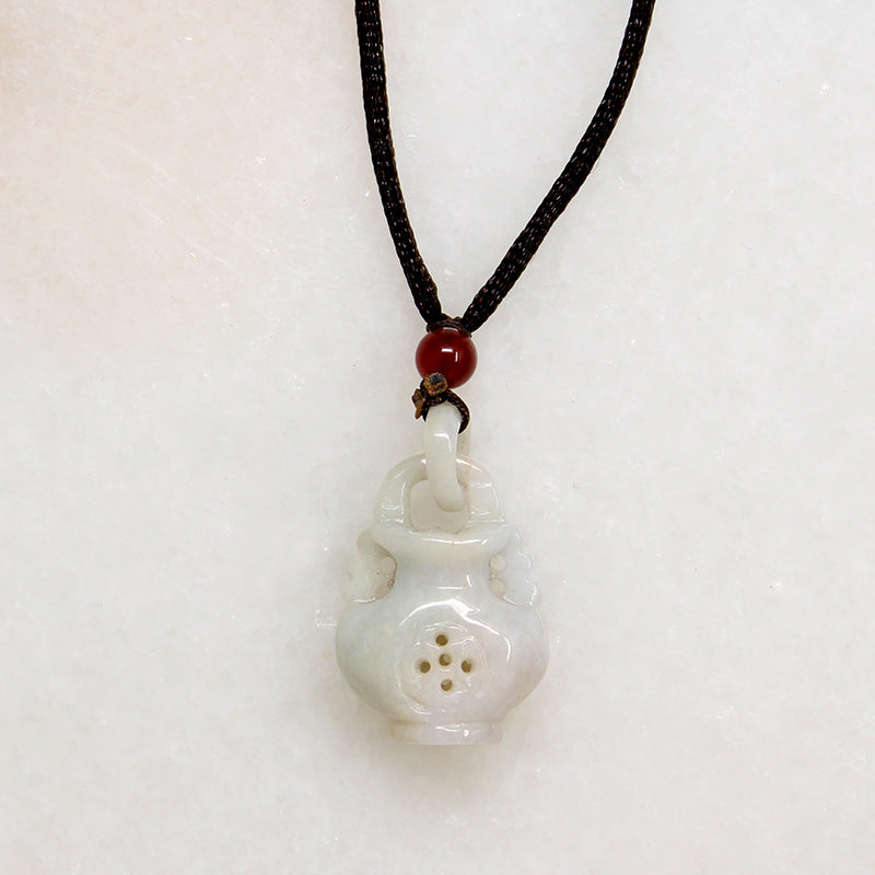 Pale Green Jade Vase on Brown Silk Cord Necklace