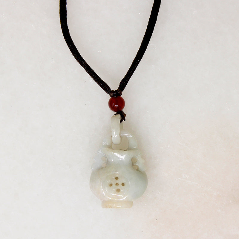 Pale Green Jade Vase on Brown Silk Cord Necklace