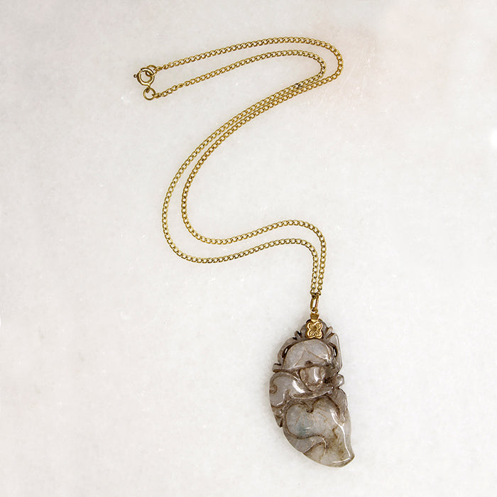 Leafy Carved Brown Jade on Gold Filled Chain