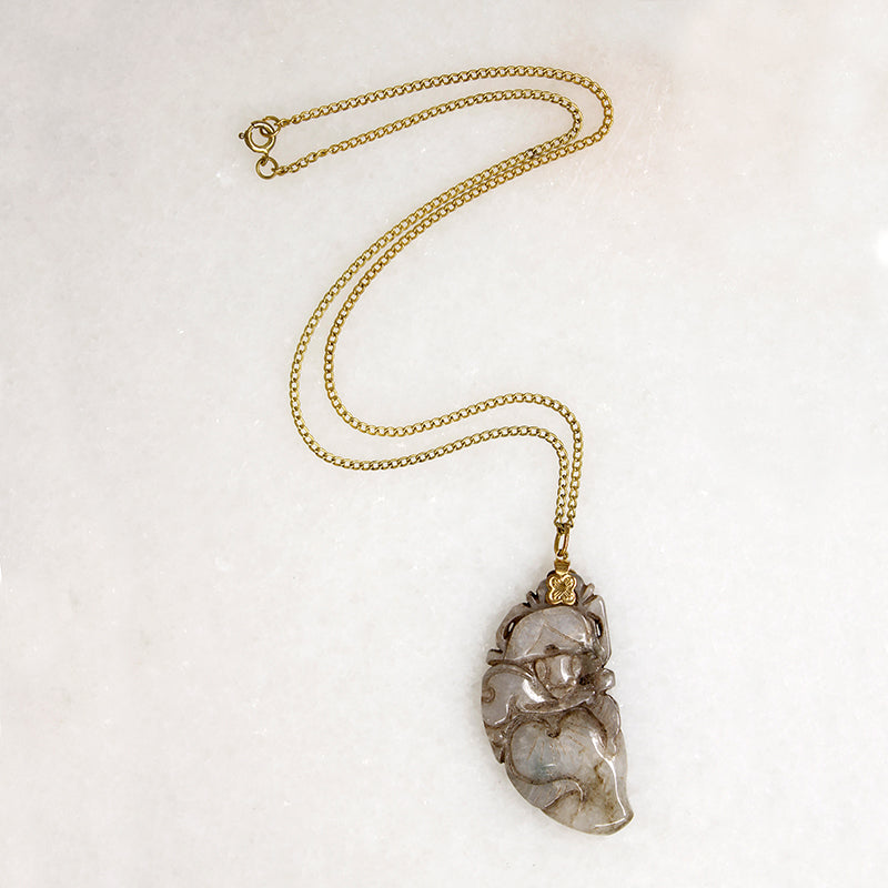 Leafy Carved Brown Jade on Gold Filled Chain