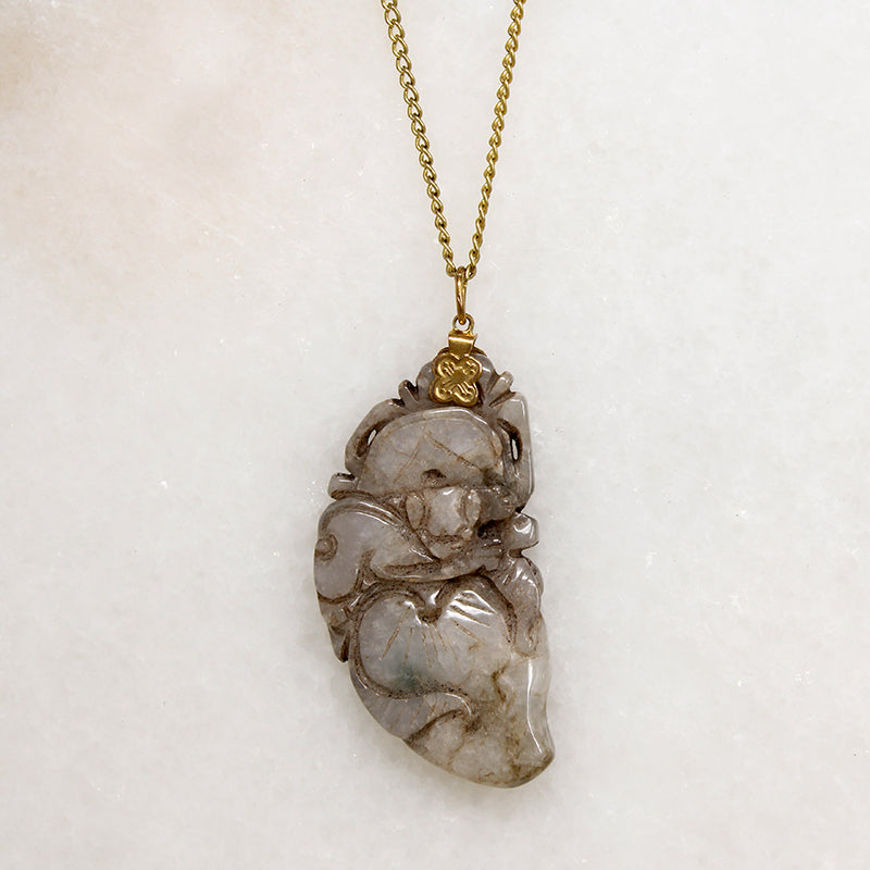 Leafy Carved Brown Jade on Gold Filled Chain