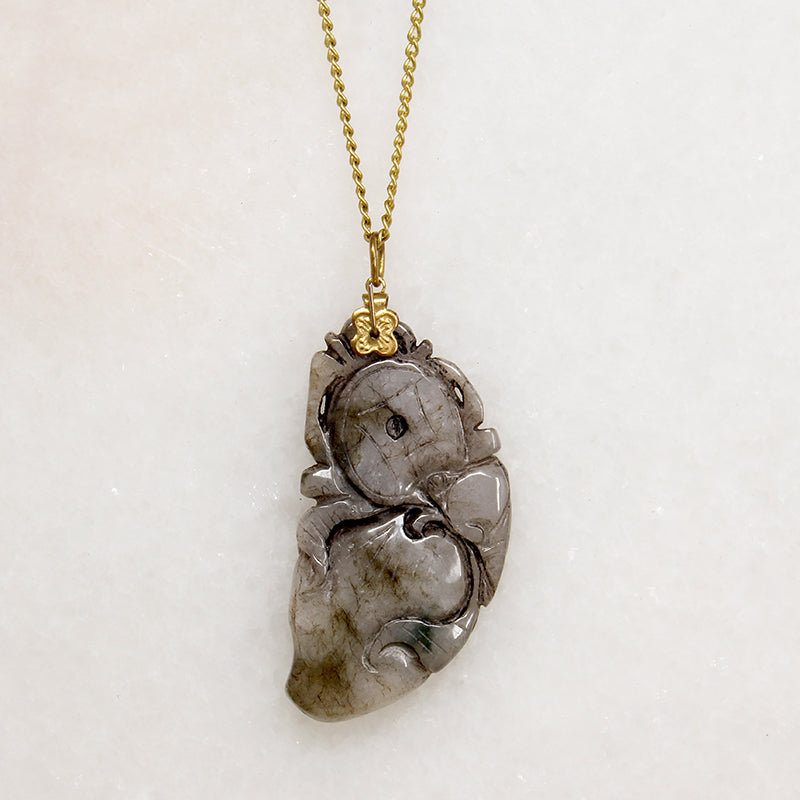Leafy Carved Brown Jade on Gold Filled Chain