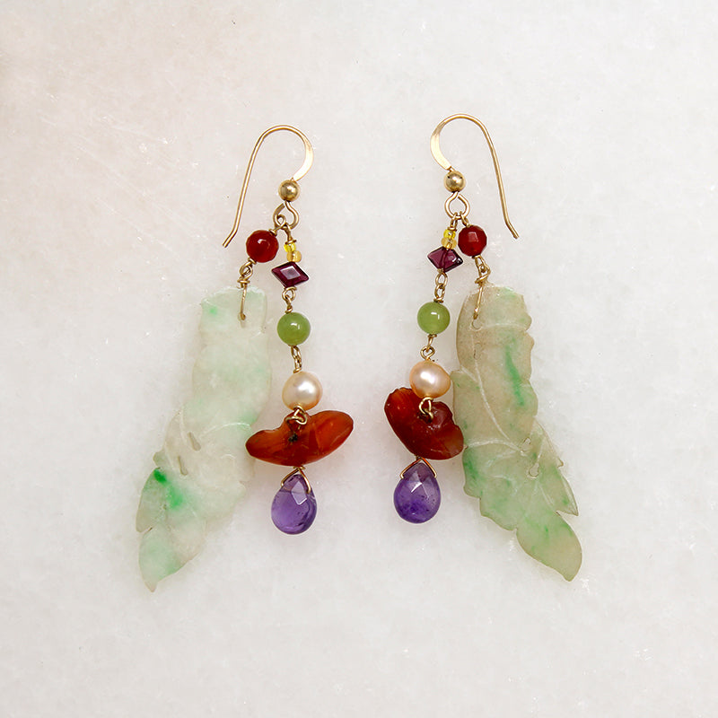 Saucy Jade Fish, Pearl, Carnelian & Amethyst Earrings