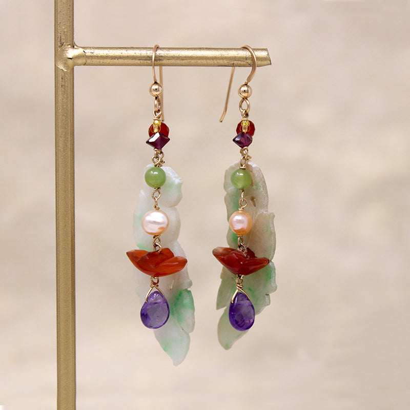 Saucy Jade Fish, Pearl, Carnelian & Amethyst Earrings