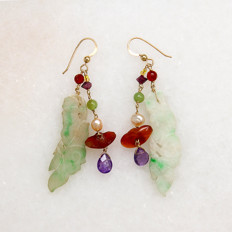 Saucy Jade Fish, Pearl, Carnelian & Amethyst Earrings