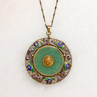 Ornate Chinese Aventurine & Enamel Silver Gilt Necklace