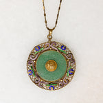 Ornate Chinese Aventurine & Enamel Silver Gilt Necklace