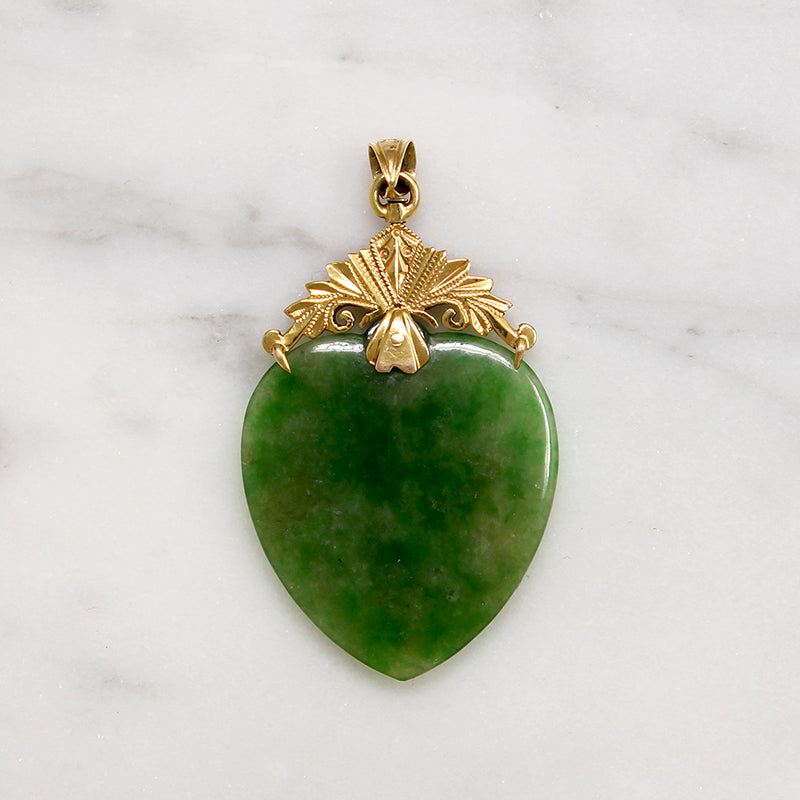 Antique Jade Heart with Ornate 18k Gold Bale