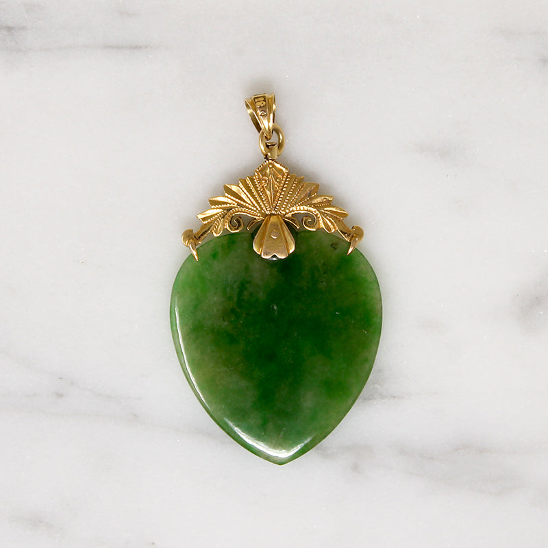 Antique Jade Heart with Ornate 18k Gold Bale