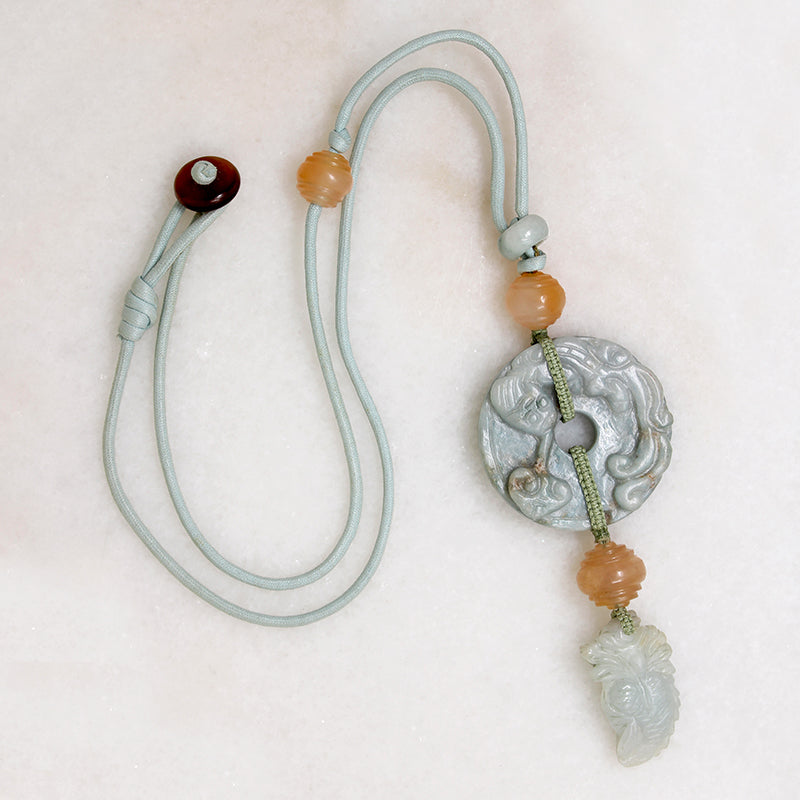 Carved Jade Ring & Carnelian Bead Chinese Necklace