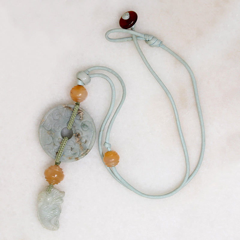 Carved Jade Ring & Carnelian Bead Chinese Necklace