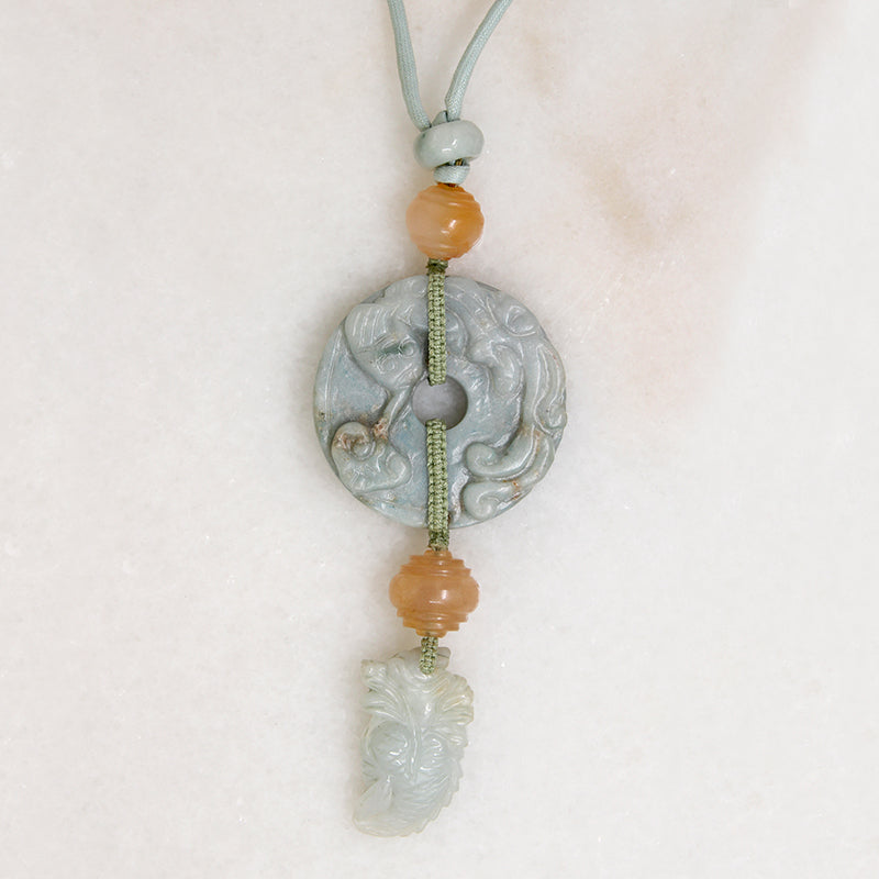 Carved Jade Ring & Carnelian Bead Chinese Necklace