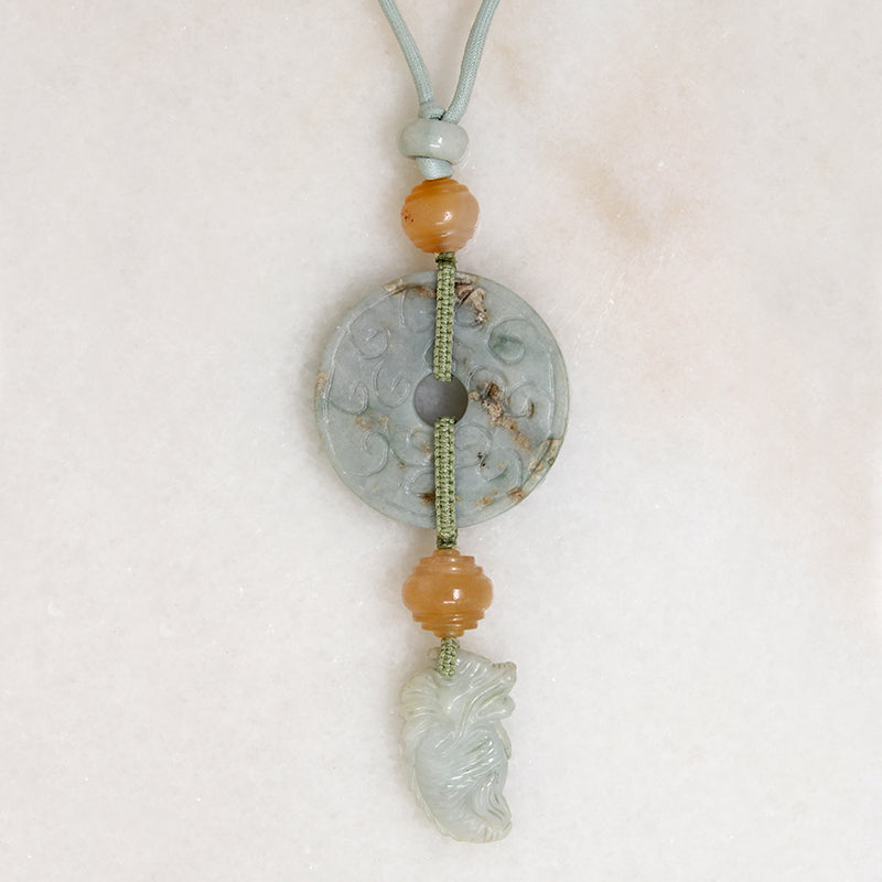 Carved Jade Ring & Carnelian Bead Chinese Necklace