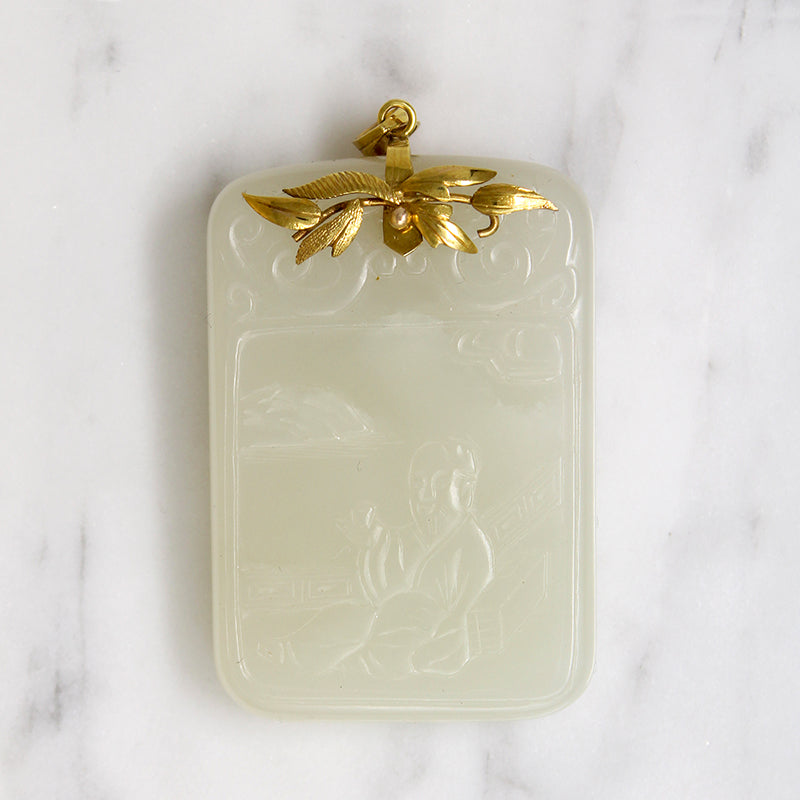 Stone & Gold Pendant Carved with Scholar 