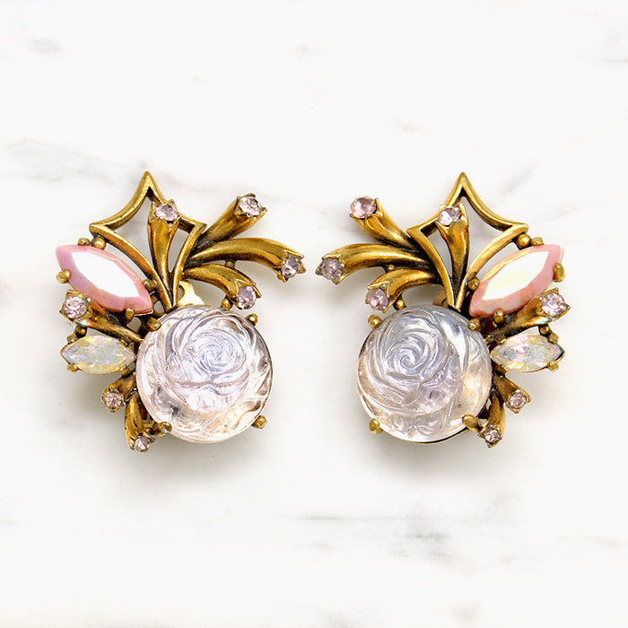 Enchanted Pastel Rose & Rhinestone Earrings by Sciaparelli