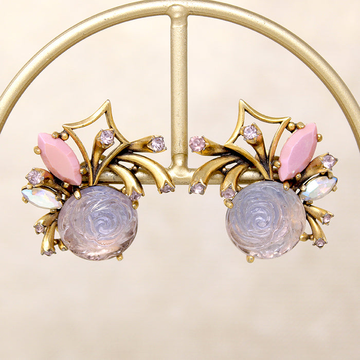 Enchanted Pastel Rose & Rhinestone Earrings by Sciaparelli