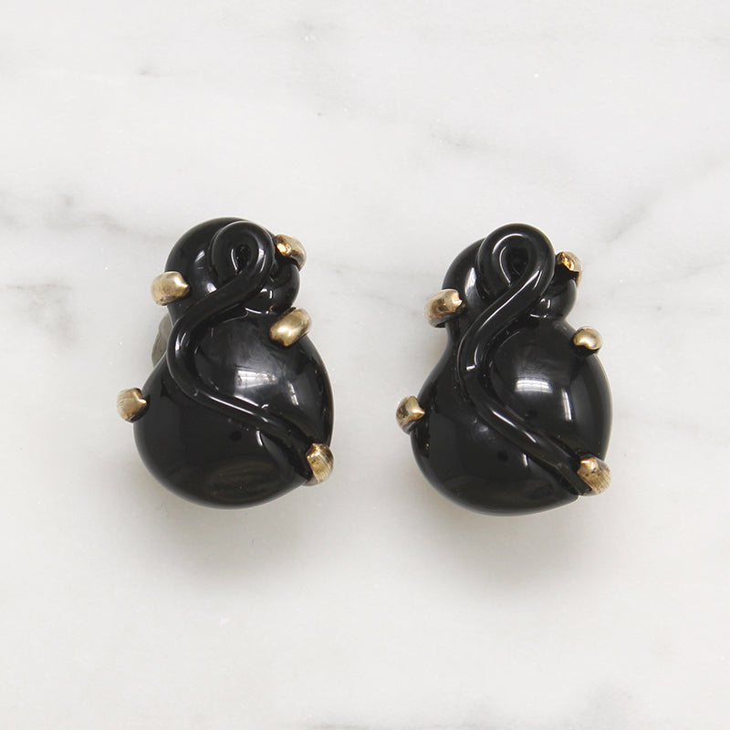 Black Rose Glass & Gilded Silver Clip-On Earrings