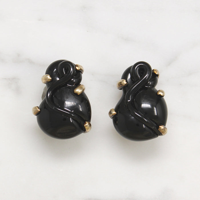 Black Rose Glass & Gilded Silver Clip-On Earrings