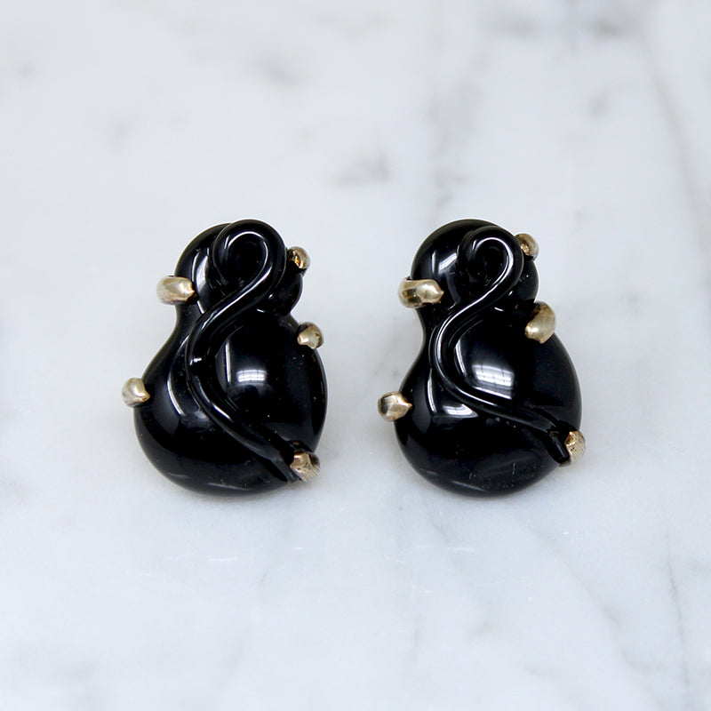 Black Rose Glass & Gilded Silver Clip-On Earrings