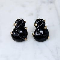 Black Rose Glass & Gilded Silver Clip-On Earrings