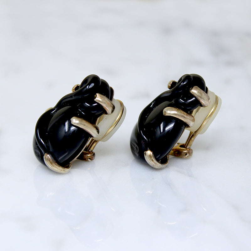 Black Rose Glass & Gilded Silver Clip-On Earrings