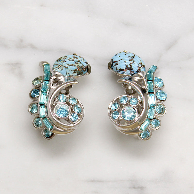 Hollycraft Flower Earrings in Blue Glass & Rhinestones