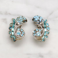 Hollycraft Flower Earrings in Blue Glass & Rhinestones