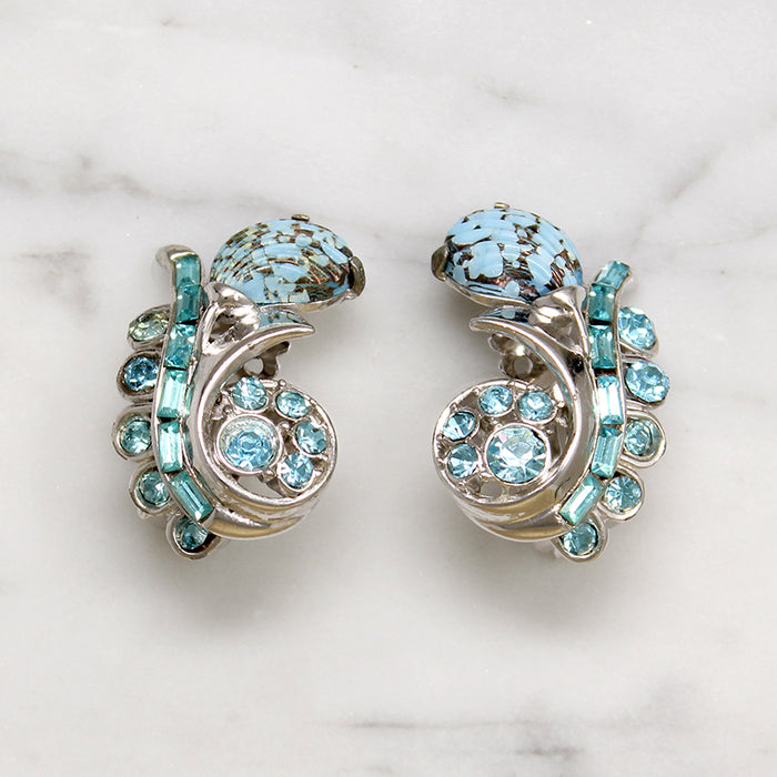 Hollycraft Flower Earrings in Blue Glass & Rhinestones