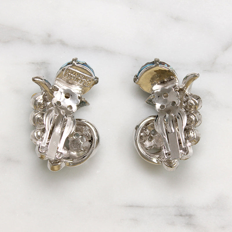 Hollycraft Flower Earrings in Blue Glass & Rhinestones