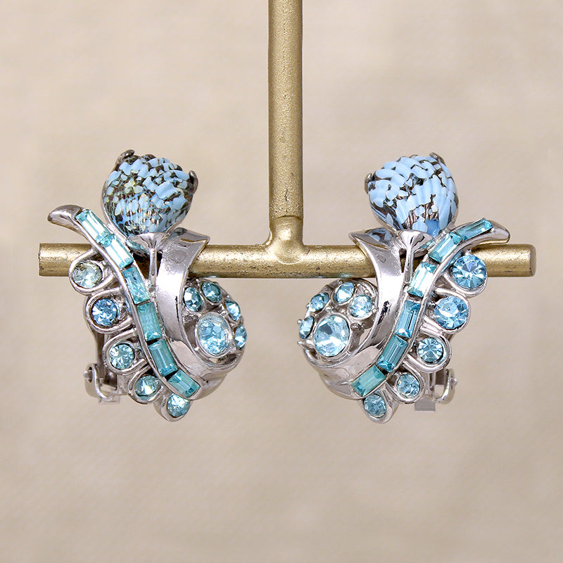 Hollycraft Flower Earrings in Blue Glass & Rhinestones