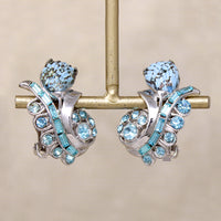 Hollycraft Flower Earrings in Blue Glass & Rhinestones