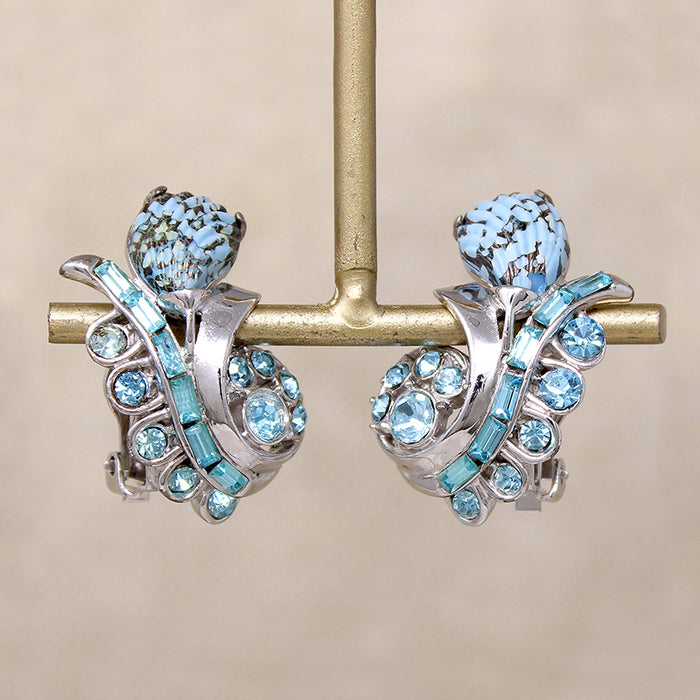 Hollycraft Flower Earrings in Blue Glass & Rhinestones