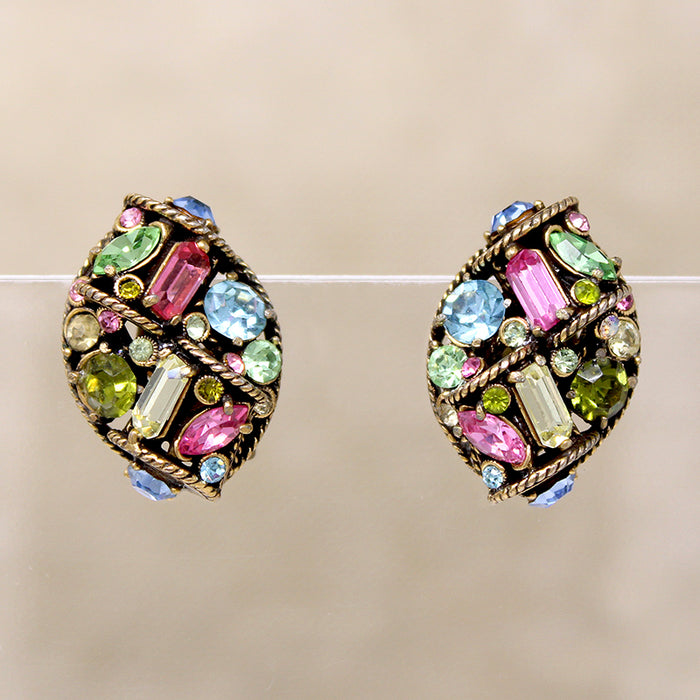 Pastel Spectrum of Rhinestones in Hollycraft Earrings