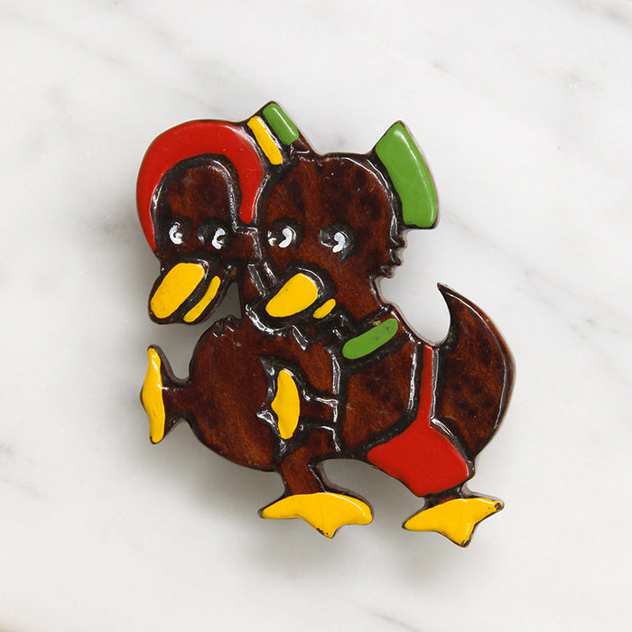 Whimsical Wooden Duck Couple Brooch