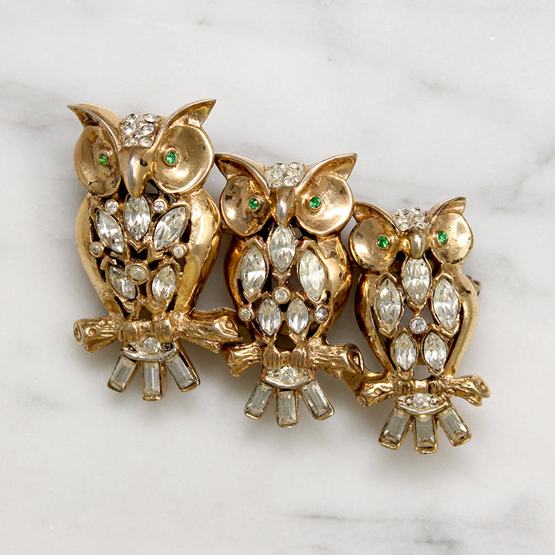 Clever Vermeil Owl Triplets Coro Duette Brooch