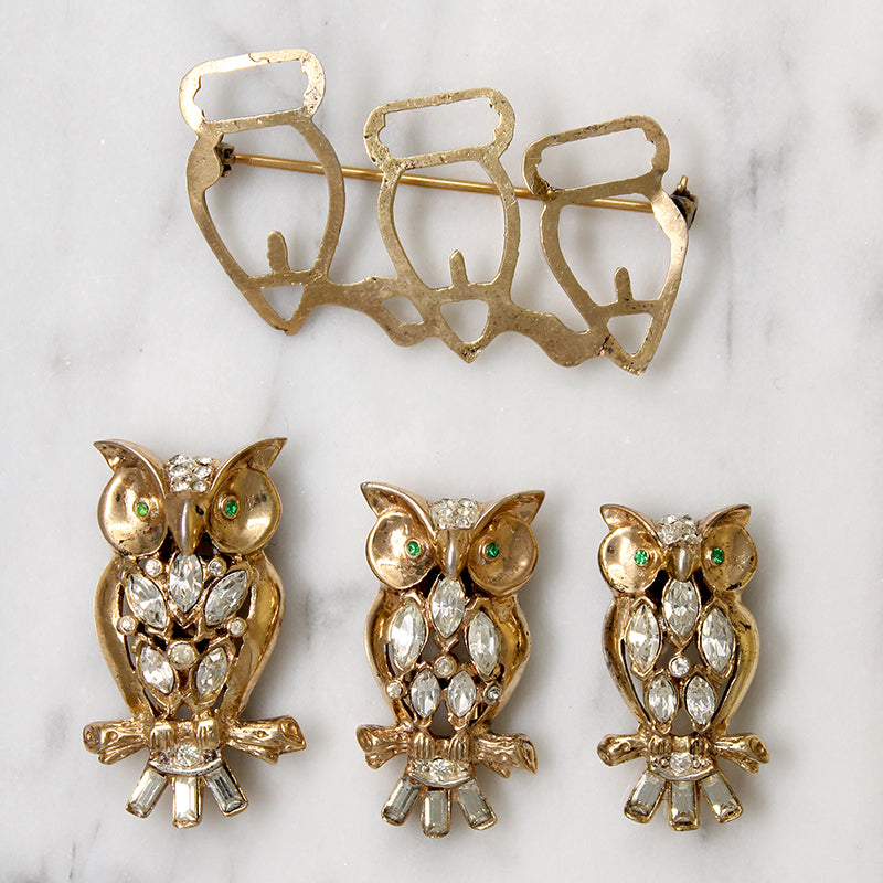 Clever Vermeil Owl Triplets Coro Duette Brooch