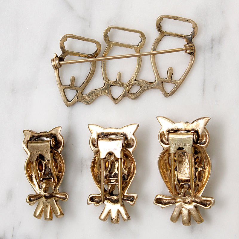 Clever Vermeil Owl Triplets Coro Duette Brooch