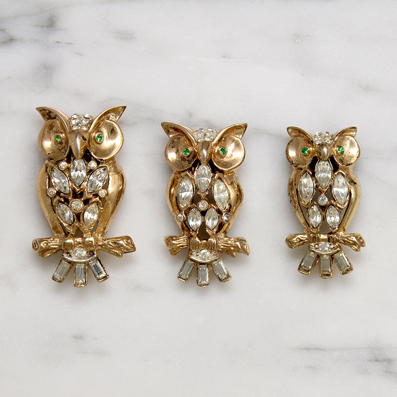 Clever Vermeil Owl Triplets Coro Duette Brooch