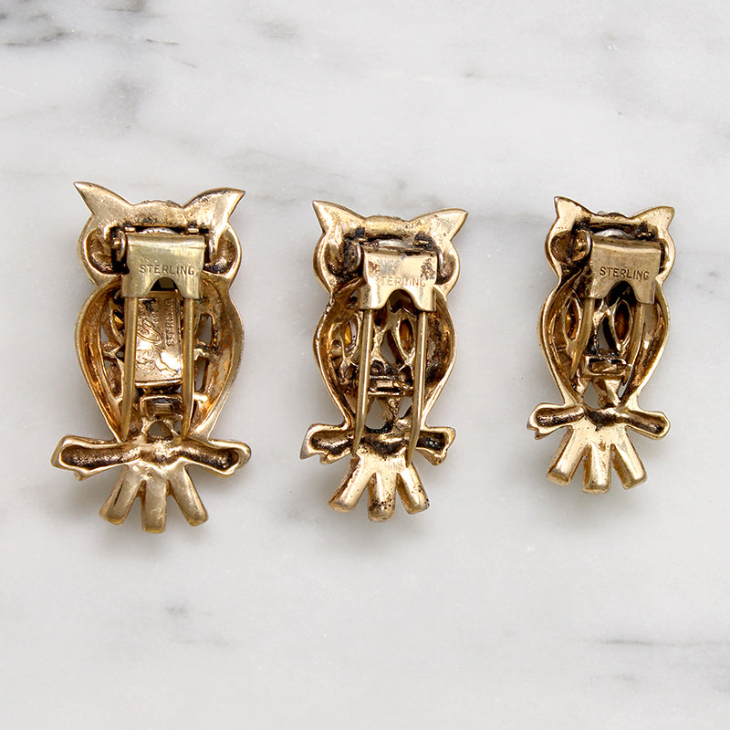 Clever Vermeil Owl Triplets Coro Duette Brooch