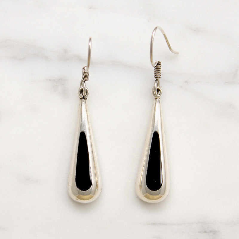 Mexican Silver & Black Enamel Teardrop Earrings