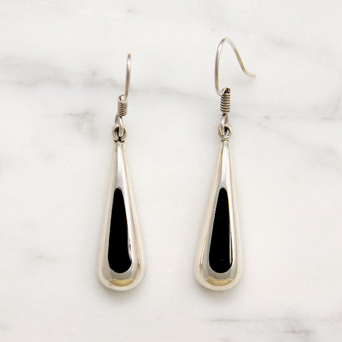 Mexican Silver & Black Enamel Teardrop Earrings